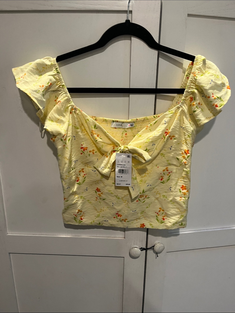 Lush Pale Yellow Floral Tie-Front Crop Top